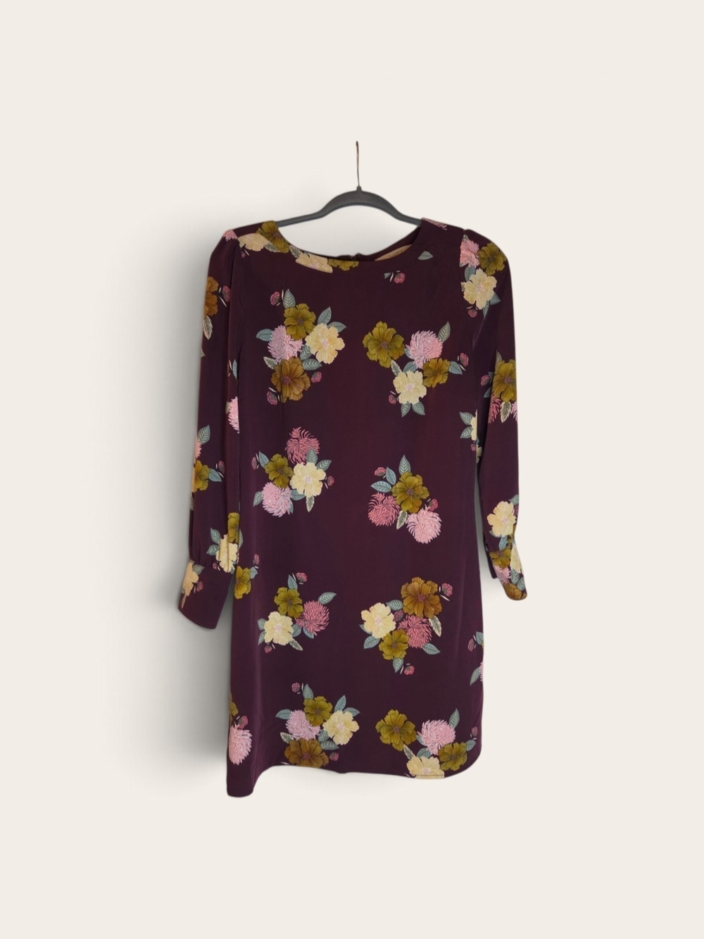 LOFT Burgundy Floral Long-Sleeve Shift Dress